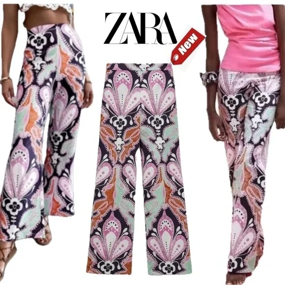 Zara paisley multicoloured printed retro bohemian flare pants - Picture 2 of 15